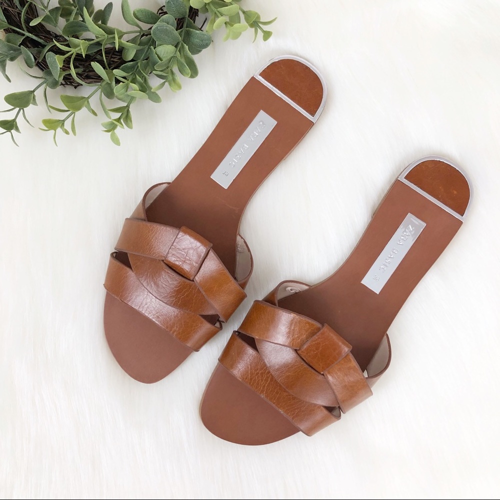 Zara Leather Brown Crossover Sandals size 38